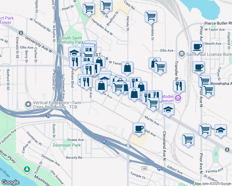 map of restaurants, bars, coffee shops, grocery stores, and more near 765 North Hampden Avenue in Saint Paul