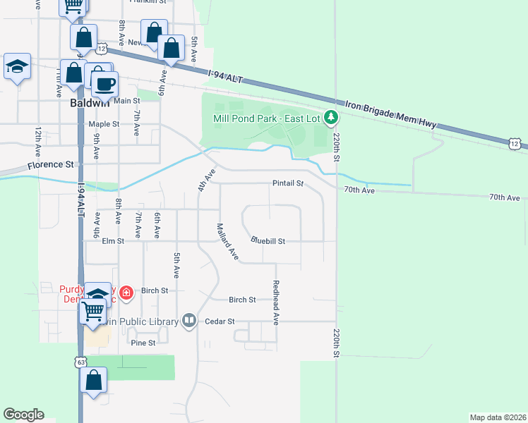 map of restaurants, bars, coffee shops, grocery stores, and more near 323 Bluebill Street in Baldwin