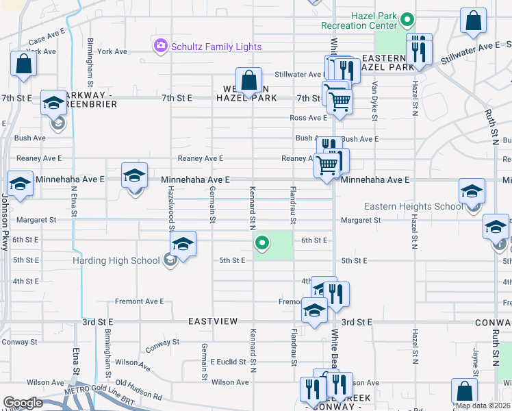 map of restaurants, bars, coffee shops, grocery stores, and more near 1671 Beech Street in Saint Paul