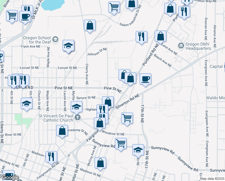 map of restaurants, bars, coffee shops, grocery stores, and more near 2646 Brooks Avenue Northeast in Salem