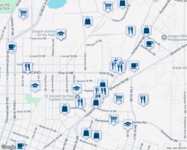 map of restaurants, bars, coffee shops, grocery stores, and more near 1164 Pine Street Northeast in Salem