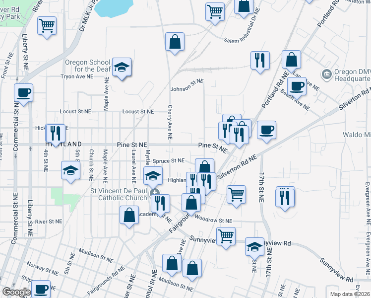 map of restaurants, bars, coffee shops, grocery stores, and more near 1158 Pine Street Northeast in Salem