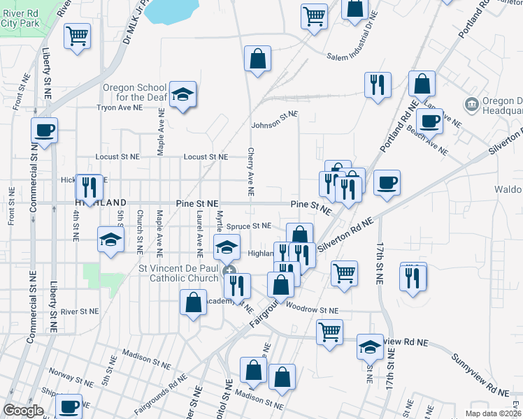 map of restaurants, bars, coffee shops, grocery stores, and more near 2705 Adell Lane Northeast in Salem