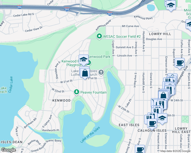 map of restaurants, bars, coffee shops, grocery stores, and more near 1920 West 21st Street in Minneapolis