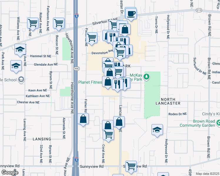 map of restaurants, bars, coffee shops, grocery stores, and more near 2787 Lancaster Drive Northeast in Salem