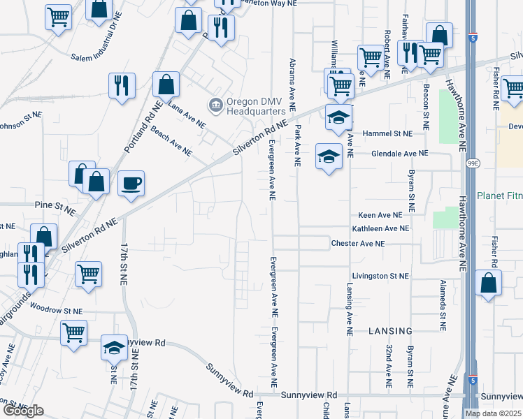 map of restaurants, bars, coffee shops, grocery stores, and more near 2935 Evergreen Avenue Northeast in Salem