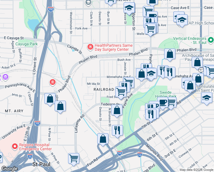 map of restaurants, bars, coffee shops, grocery stores, and more near 711 Bradley Street in Saint Paul