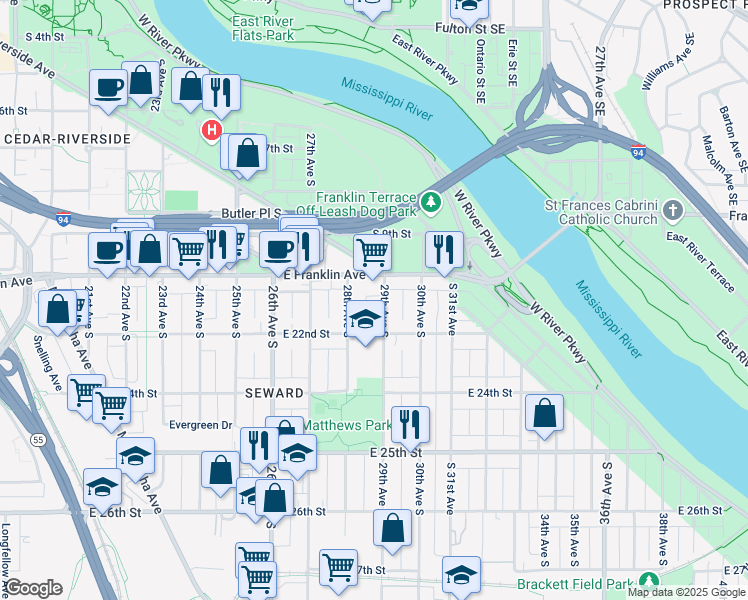map of restaurants, bars, coffee shops, grocery stores, and more near 2801 East Franklin Avenue in Minneapolis