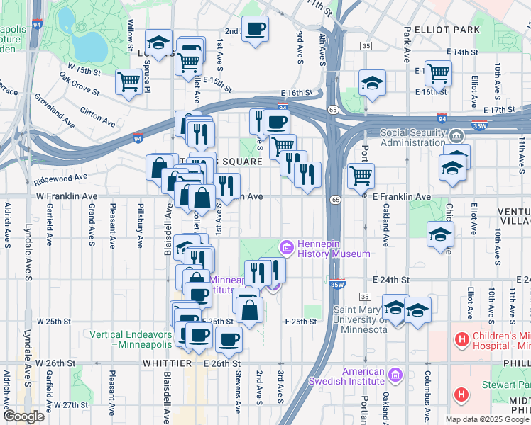 map of restaurants, bars, coffee shops, grocery stores, and more near 2000 3rd Avenue South in Minneapolis