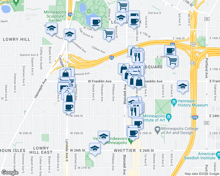 map of restaurants, bars, coffee shops, grocery stores, and more near 215 West Franklin Avenue in Minneapolis