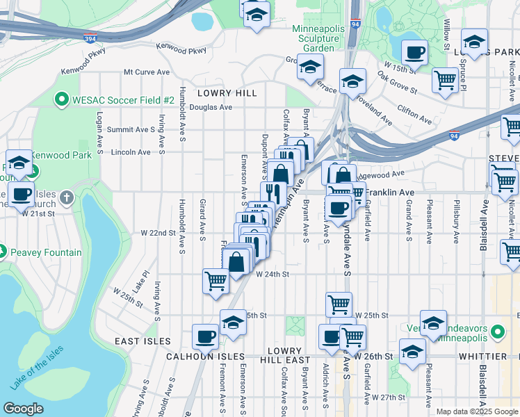 map of restaurants, bars, coffee shops, grocery stores, and more near 1117 West Franklin Avenue in Minneapolis