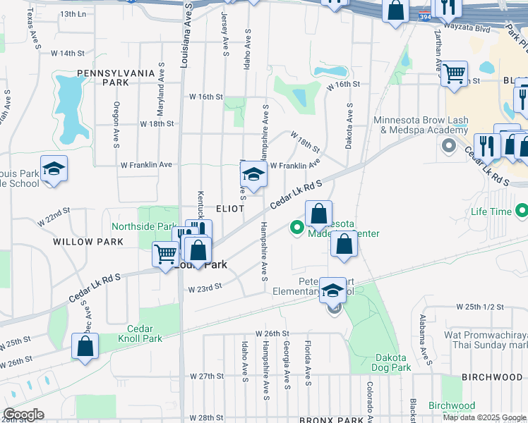 map of restaurants, bars, coffee shops, grocery stores, and more near 6802 Cedar Lake Road in Minneapolis