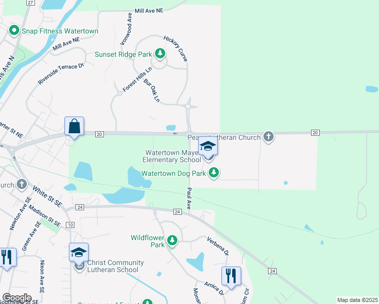 map of restaurants, bars, coffee shops, grocery stores, and more near 500 Paul Avenue in Watertown