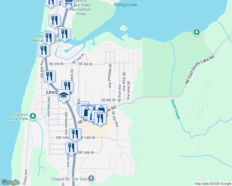 map of restaurants, bars, coffee shops, grocery stores, and more near 541 Southeast Port Avenue in Lincoln City
