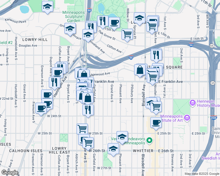 map of restaurants, bars, coffee shops, grocery stores, and more near 411 West Franklin Avenue in Minneapolis