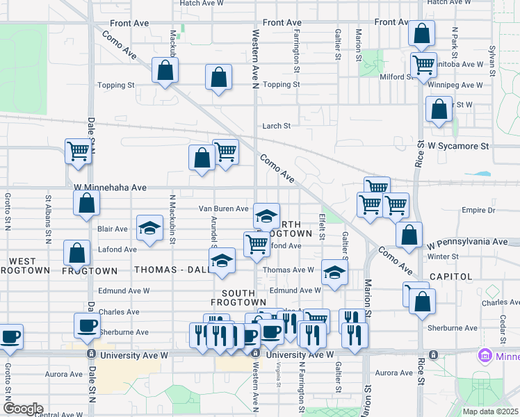 map of restaurants, bars, coffee shops, grocery stores, and more near 684 Western Avenue North in Saint Paul