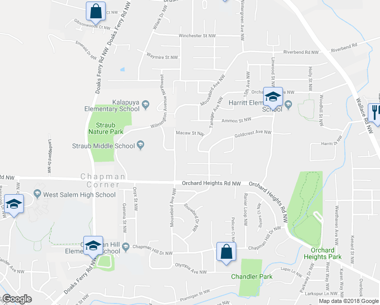 map of restaurants, bars, coffee shops, grocery stores, and more near 1932 Cuckoo Court Northwest in Salem