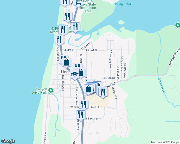 map of restaurants, bars, coffee shops, grocery stores, and more near 675 Southeast Keel Avenue in Lincoln City