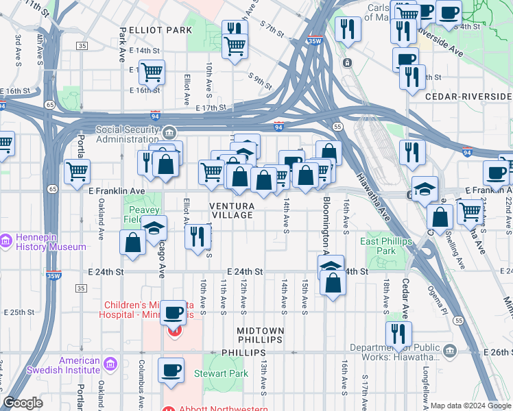 map of restaurants, bars, coffee shops, grocery stores, and more near 1213 East Franklin Avenue in Minneapolis