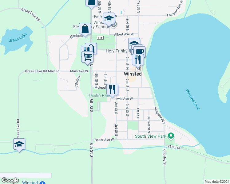 map of restaurants, bars, coffee shops, grocery stores, and more near 311 Mcleod Avenue West in Winsted