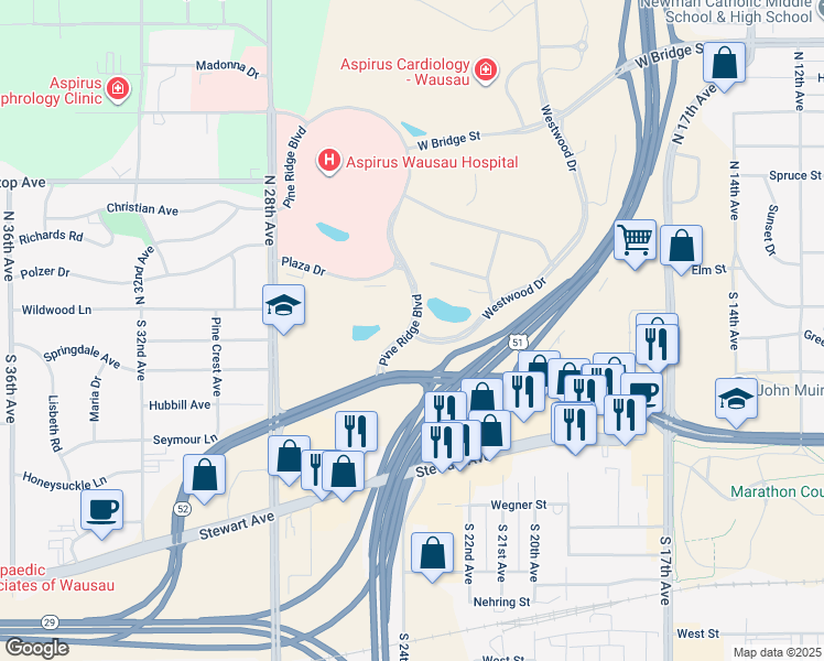 map of restaurants, bars, coffee shops, grocery stores, and more near 2000 Westwood Drive in Wausau