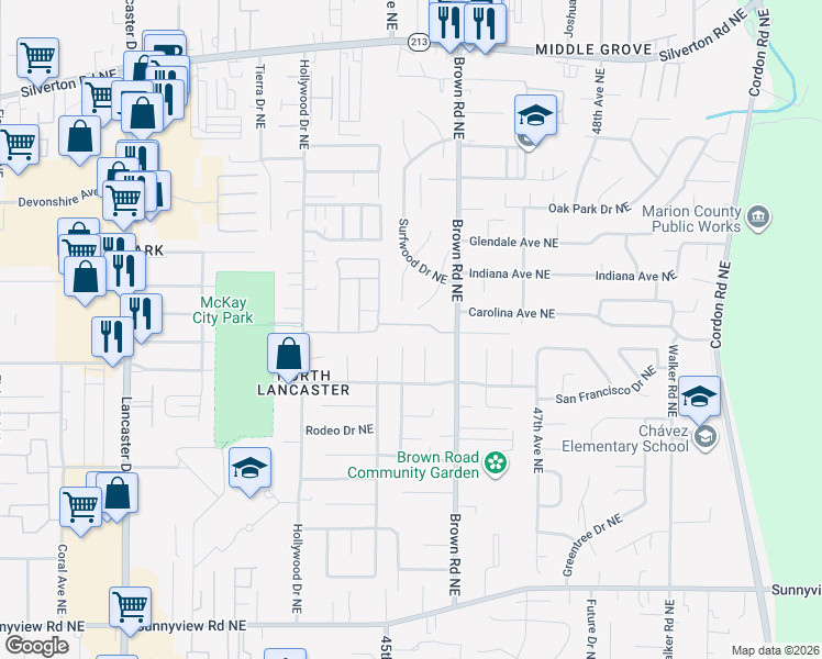 map of restaurants, bars, coffee shops, grocery stores, and more near 4495 Angie Marie Way Northeast in Salem