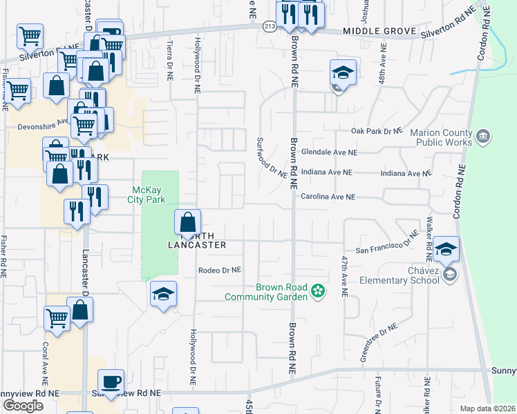 map of restaurants, bars, coffee shops, grocery stores, and more near 4495 Angie Marie Way Northeast in Salem