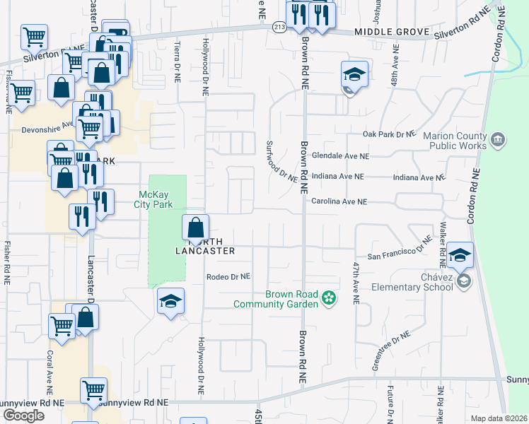 map of restaurants, bars, coffee shops, grocery stores, and more near 4495 Angie Marie Way Northeast in Salem