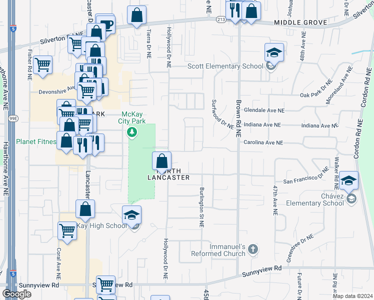 map of restaurants, bars, coffee shops, grocery stores, and more near 2708 Shellyanne Way Northeast in Salem