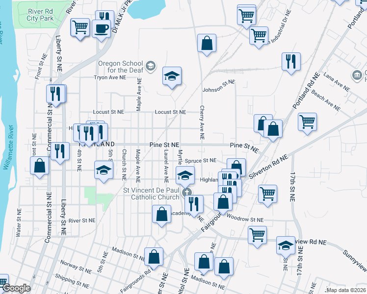 map of restaurants, bars, coffee shops, grocery stores, and more near 1035 Pine Street Northeast in Salem