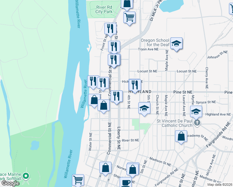 map of restaurants, bars, coffee shops, grocery stores, and more near 2315 Liberty Street Northeast in Salem