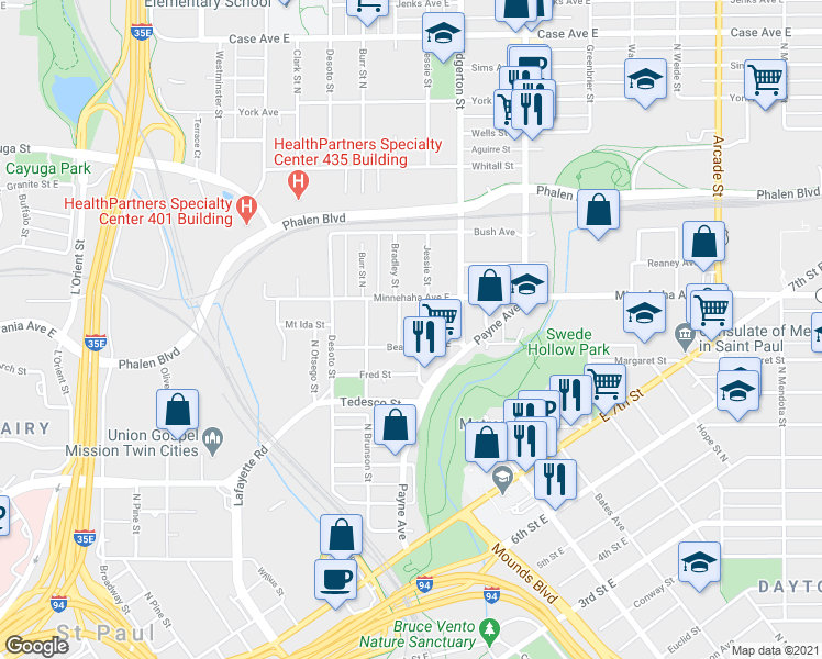 map of restaurants, bars, coffee shops, grocery stores, and more near 705 North Bedford Street in Saint Paul