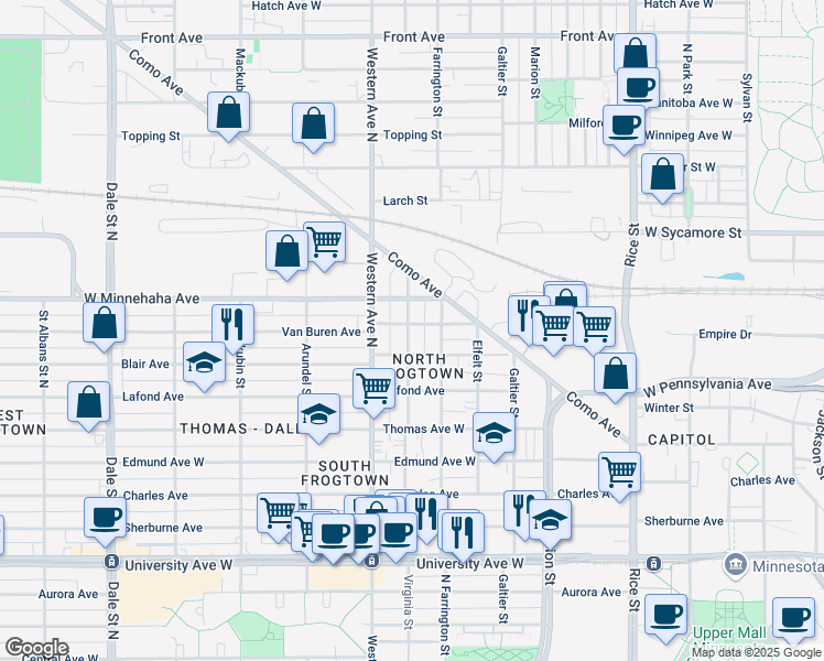 map of restaurants, bars, coffee shops, grocery stores, and more near 343 Van Buren Avenue in Saint Paul