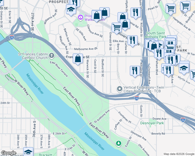 map of restaurants, bars, coffee shops, grocery stores, and more near 205 Cecil Street Southeast in Minneapolis