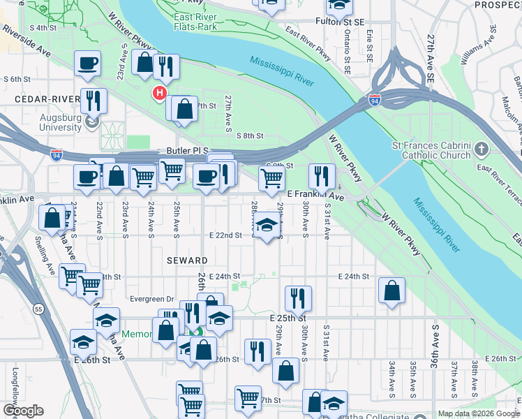 map of restaurants, bars, coffee shops, grocery stores, and more near 2801 East Franklin Avenue in Minneapolis
