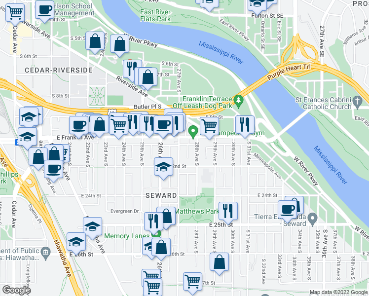 map of restaurants, bars, coffee shops, grocery stores, and more near 2701 East Franklin Avenue in Minneapolis