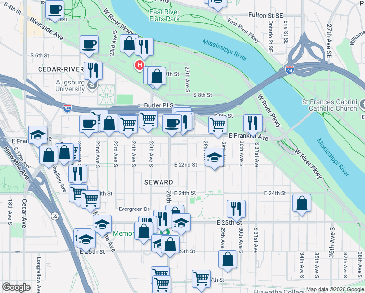map of restaurants, bars, coffee shops, grocery stores, and more near 2609 East Franklin Avenue in Minneapolis