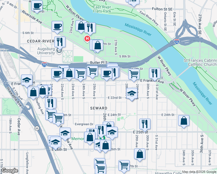 map of restaurants, bars, coffee shops, grocery stores, and more near 2609 East Franklin Avenue in Minneapolis