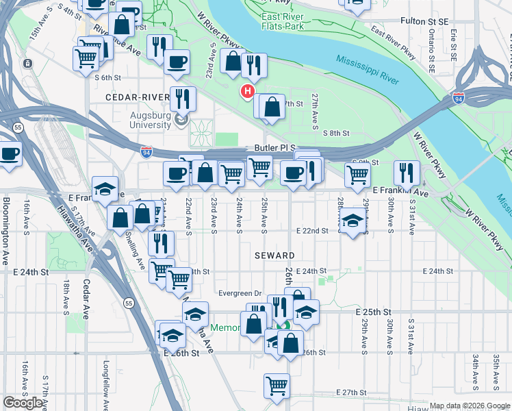 map of restaurants, bars, coffee shops, grocery stores, and more near 2407 East Franklin Avenue in Minneapolis
