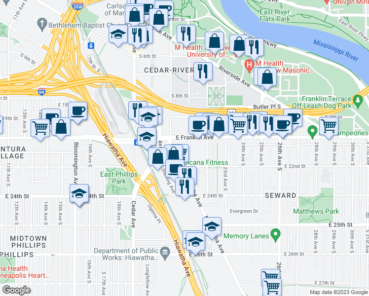 map of restaurants, bars, coffee shops, grocery stores, and more near 2027 East Franklin Avenue in Minneapolis