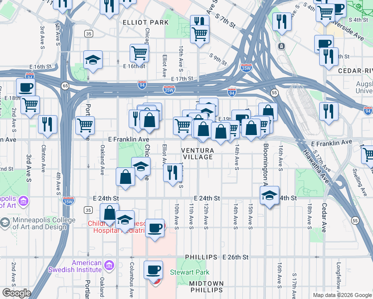 map of restaurants, bars, coffee shops, grocery stores, and more near in Minneapolis