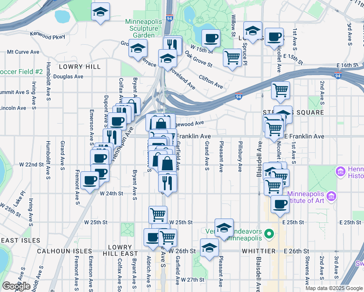 map of restaurants, bars, coffee shops, grocery stores, and more near 2005 Garfield Avenue in Minneapolis