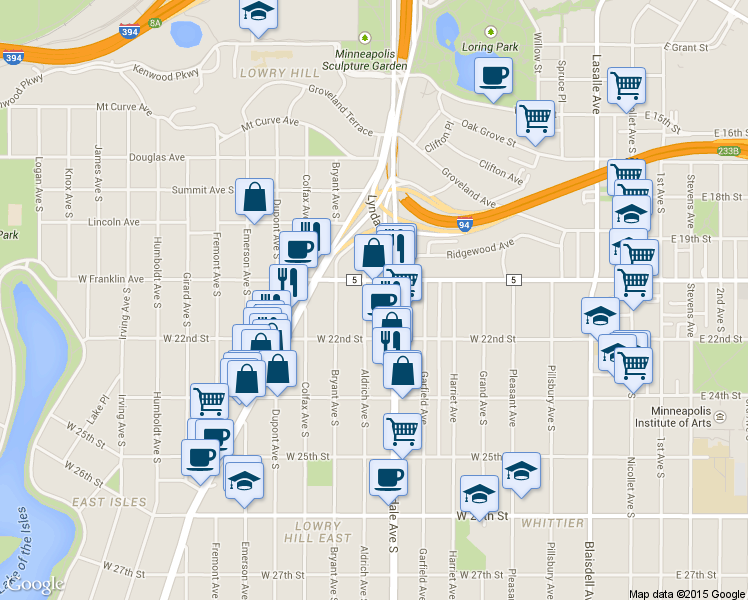 map of restaurants, bars, coffee shops, grocery stores, and more near 2000 Aldrich Avenue South in Minneapolis