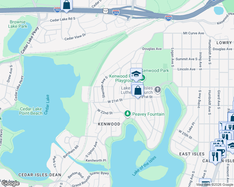 map of restaurants, bars, coffee shops, grocery stores, and more near 2001 Kenwood Parkway in Minneapolis