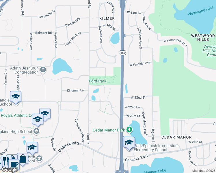 map of restaurants, bars, coffee shops, grocery stores, and more near 9893 Enclave Drive in Hopkins