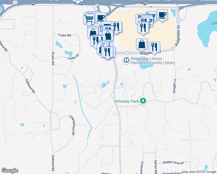 map of restaurants, bars, coffee shops, grocery stores, and more near 2220 Plymouth Road in Minnetonka