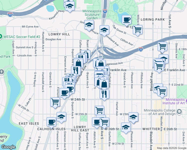 map of restaurants, bars, coffee shops, grocery stores, and more near 2012 Aldrich Avenue South in Minneapolis