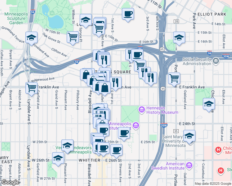 map of restaurants, bars, coffee shops, grocery stores, and more near 111 East Franklin Avenue in Minneapolis