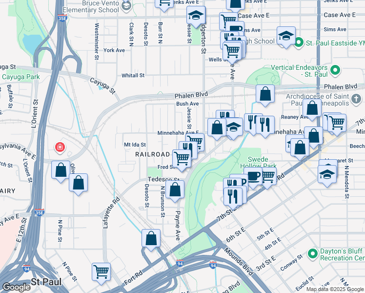 map of restaurants, bars, coffee shops, grocery stores, and more near 705 North Bedford Street in Saint Paul