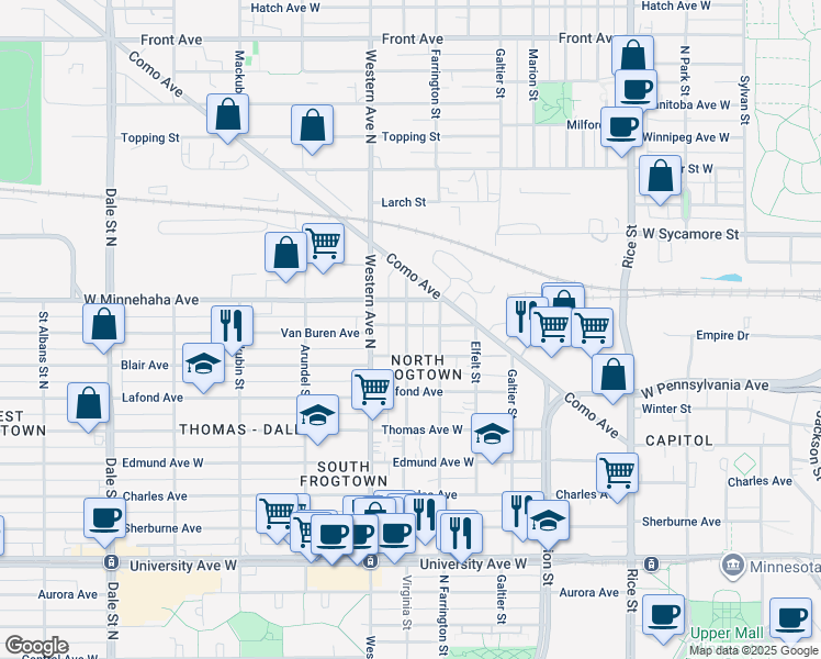 map of restaurants, bars, coffee shops, grocery stores, and more near 343 Van Buren Avenue in Saint Paul